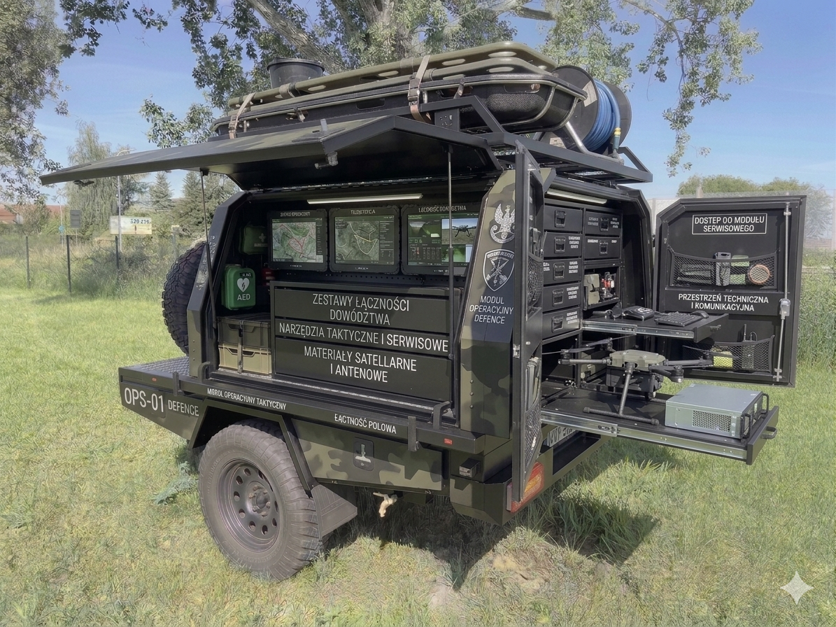 Moduł operacyjny Defence OPS-01 – przyczepka Aliff w kamuflażu z trzema ekranami dowodzenia, dronem i sprzętem łączności