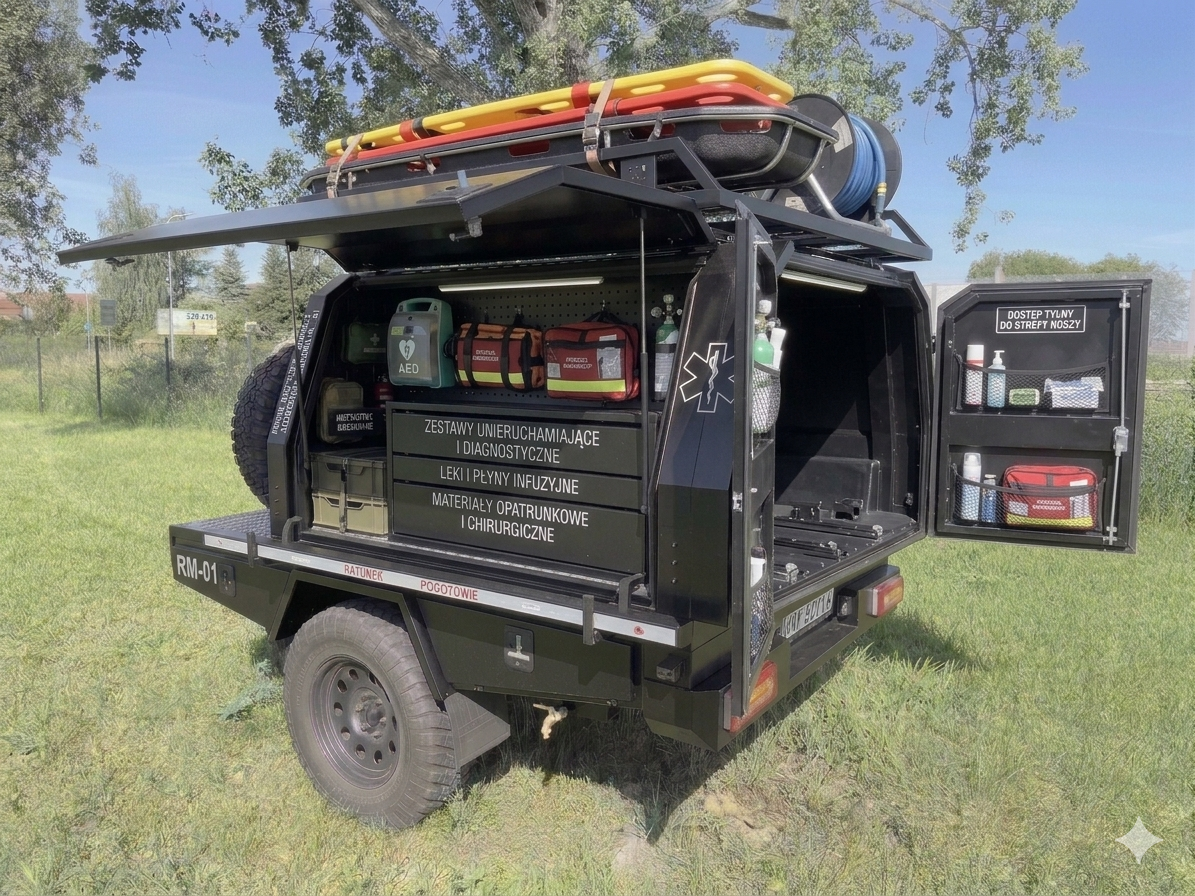 Moduł medyczny RM-01 – przyczepka offroad Aliff z AED, torbami ratowniczymi, butlami tlenowymi i deską ortopedyczną