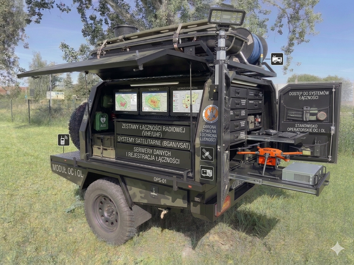 Moduł obrony cywilnej i ochrony ludności OPS-01 – przyczepka Aliff z zestawami łączności VHF/UHF, systemami satelitarnymi BGAN/VSAT, serwerami danych, AED i dronem ratowniczym