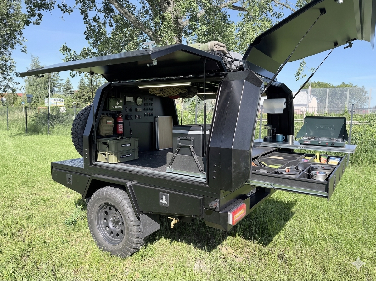 Moduł wyprawowy / overlanding – przyczepka offroad Aliff z kuchnią polową, lodówką, panelem sterowania i wysuwaną szufladą